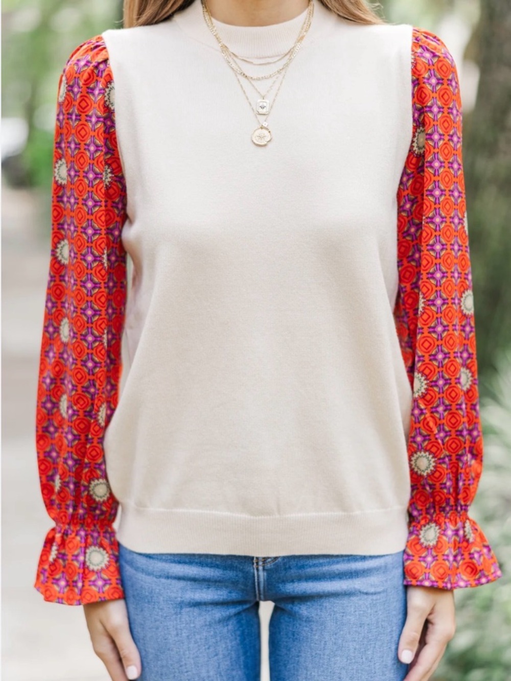 THML Cream Pullover with Vibrant Red-Orange Patterned Balloon Sleeves Size S
